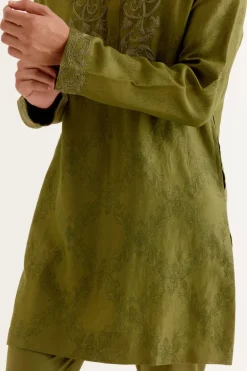 Olive Green Block Printed Dori Embroidered Kurta Set