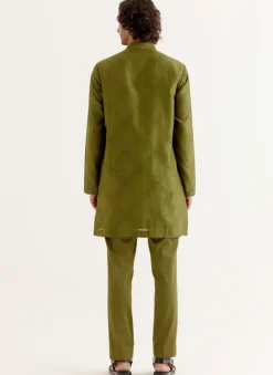 Olive Green Block Printed Dori Embroidered Kurta Set