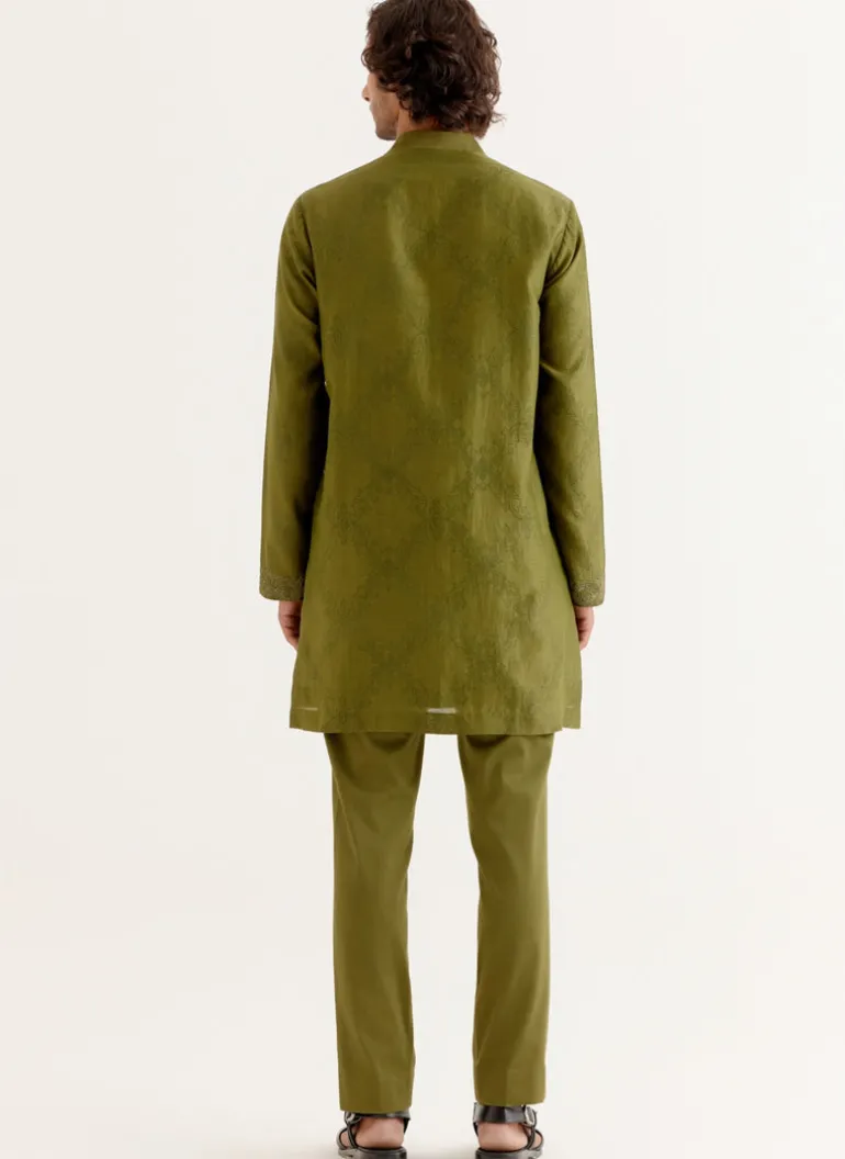 Olive Green Block Printed Dori Embroidered Kurta Set