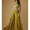 Olive Green Embroidered Back Tie-Up Choli With Sharara Set