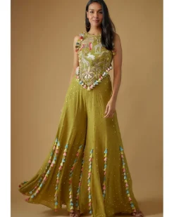 Olive Green Embroidered Back Tie-Up Choli With Sharara Set