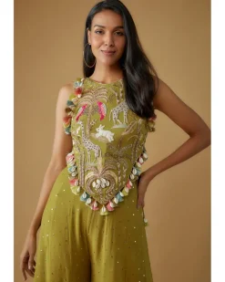 Olive Green Embroidered Back Tie-Up Choli With Sharara Set