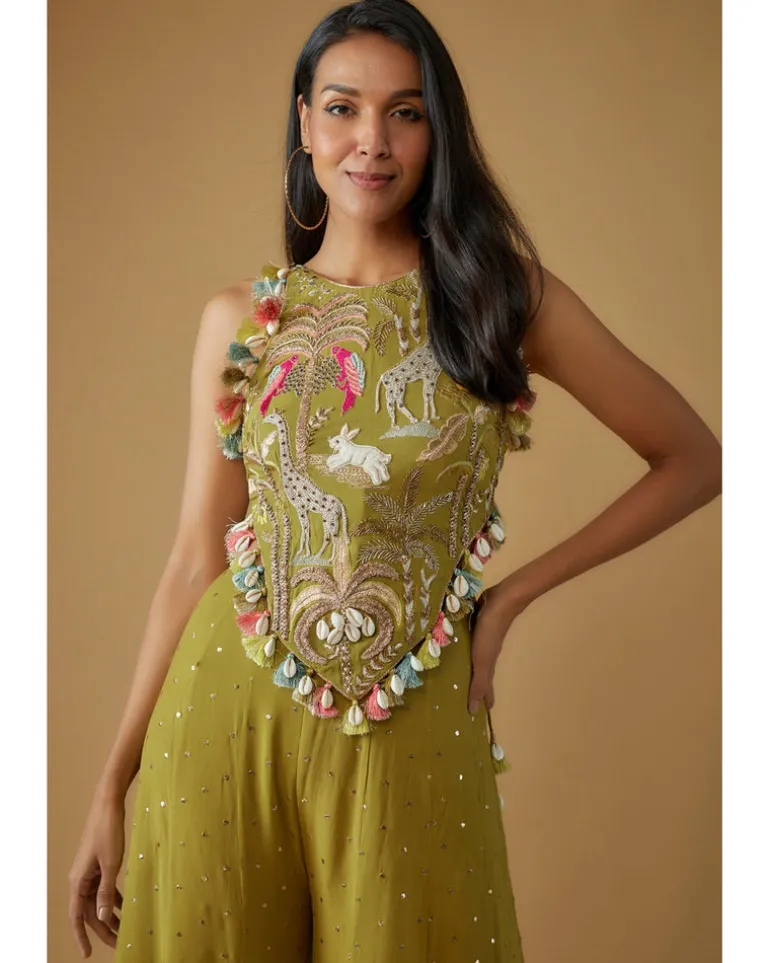 Olive Green Embroidered Back Tie-Up Choli With Sharara Set