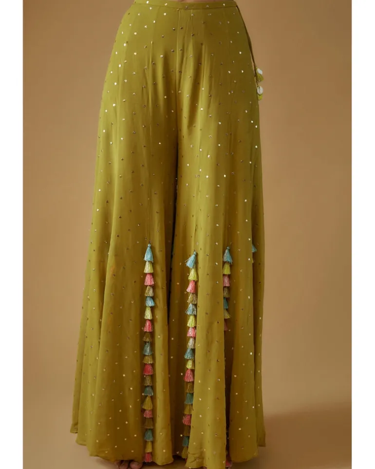 Olive Green Embroidered Back Tie-Up Choli With Sharara Set