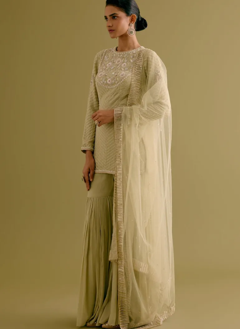 Olive Green Embroidered Georgette Gharara Set