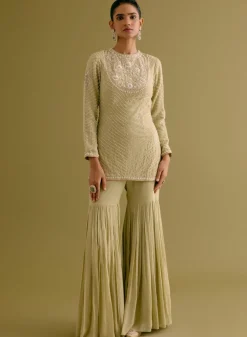 Olive Green Embroidered Georgette Gharara Set