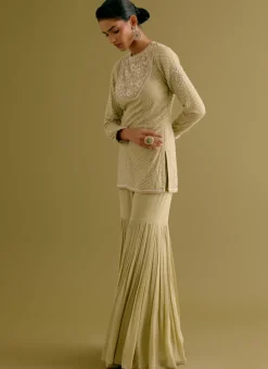 Olive Green Embroidered Georgette Gharara Set