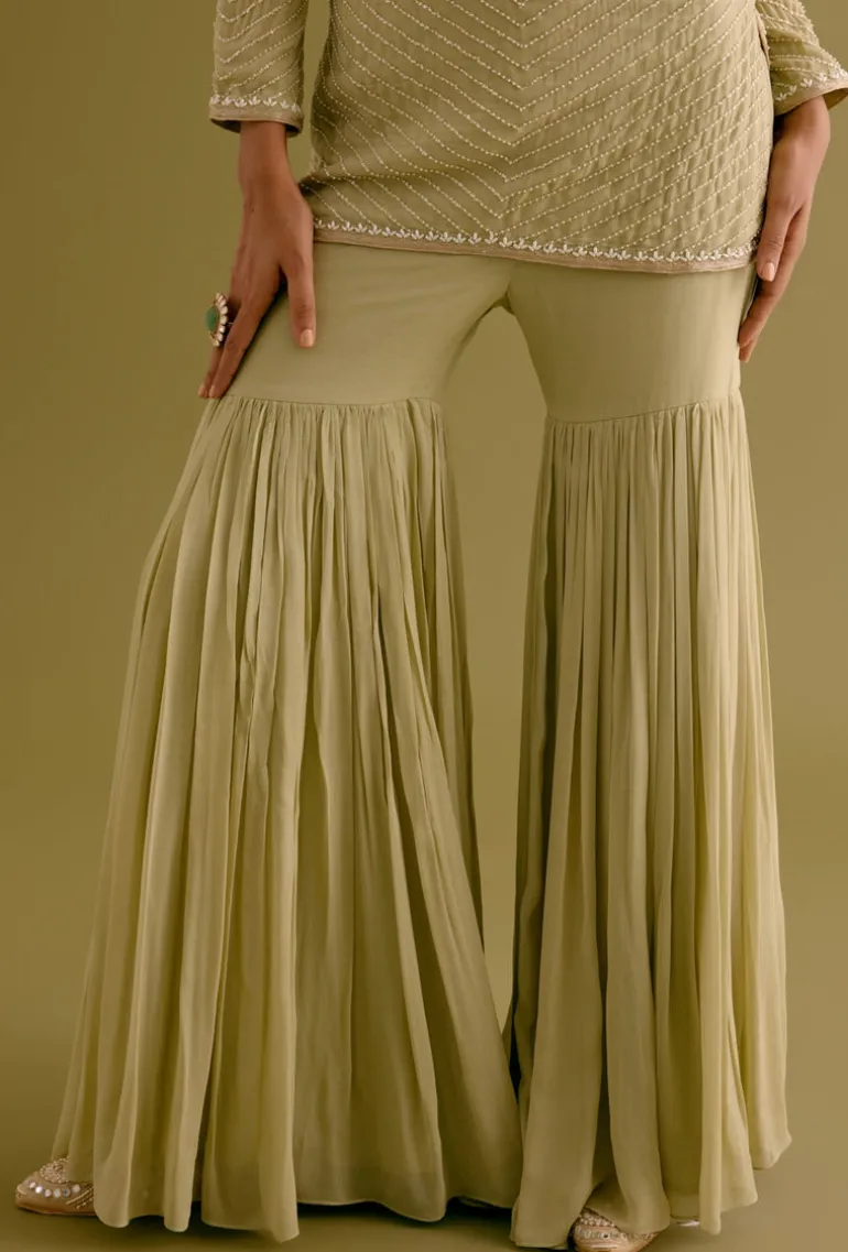 Olive Green Embroidered Georgette Gharara Set