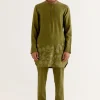 Olive Green Floral Embroidered Chanderi Short Kurta Set
