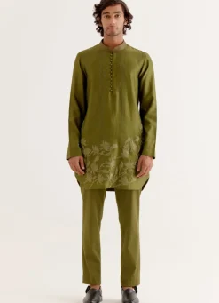 Olive Green Floral Embroidered Chanderi Short Kurta Set