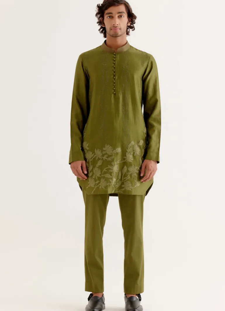 Olive Green Floral Embroidered Chanderi Short Kurta Set