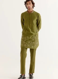Olive Green Floral Embroidered Chanderi Short Kurta Set