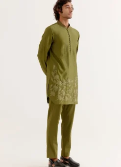 Olive Green Floral Embroidered Chanderi Short Kurta Set