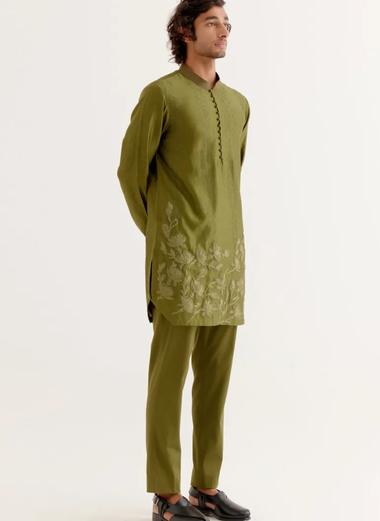 Olive Green Floral Embroidered Chanderi Short Kurta Set