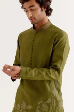 Olive Green Floral Embroidered Chanderi Short Kurta Set