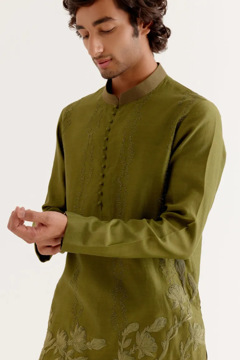 Olive Green Floral Embroidered Chanderi Short Kurta Set
