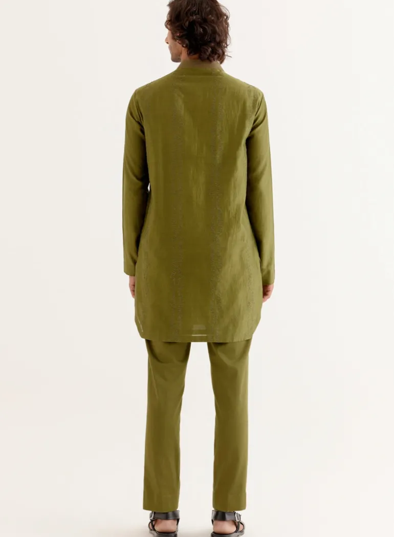 Olive Green Floral Embroidered Chanderi Short Kurta Set
