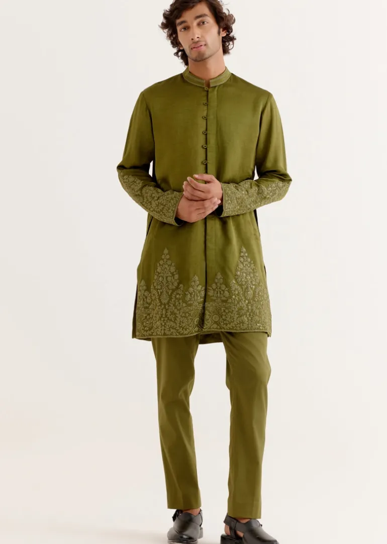 Olive Green Front-Open Dori Embroidered Kurta Set