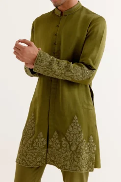 Olive Green Front-Open Dori Embroidered Kurta Set