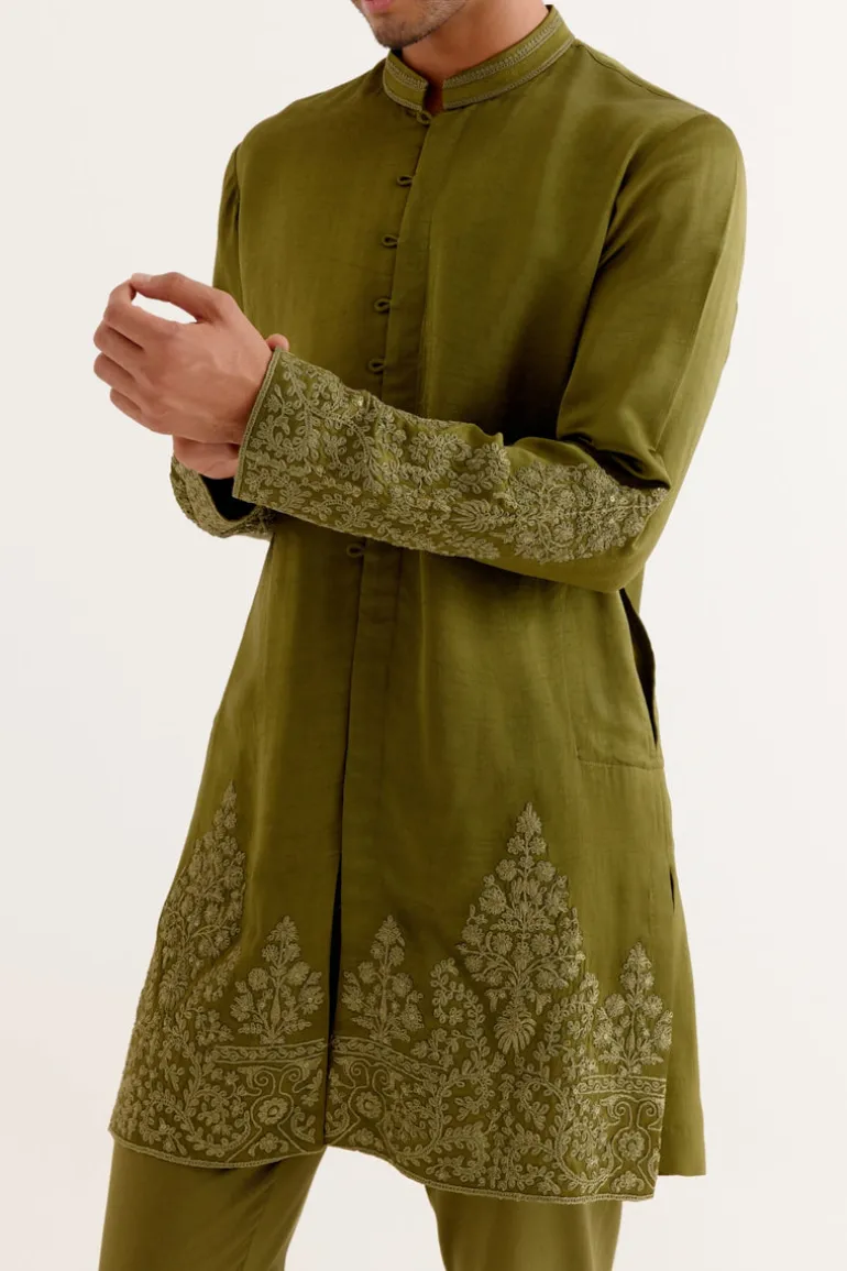 Olive Green Front-Open Dori Embroidered Kurta Set