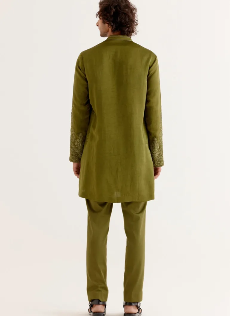 Olive Green Front-Open Dori Embroidered Kurta Set