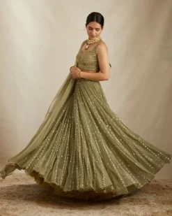 Olive Green Net Crepe Line Lehenga Set