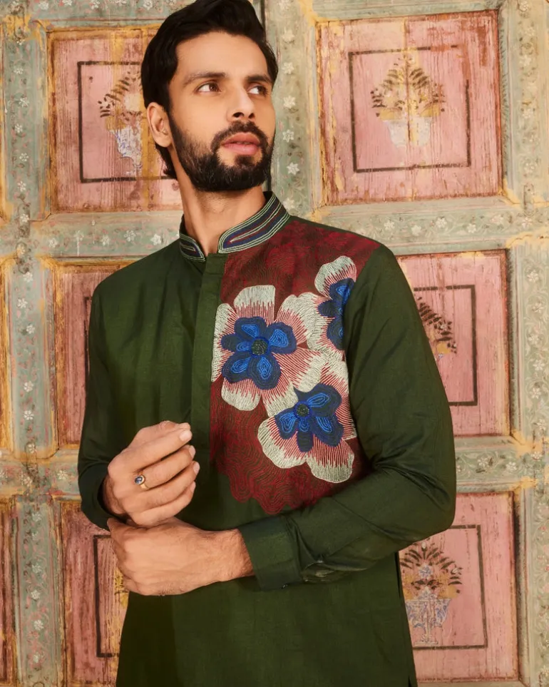 Olive Green One Side Embroidered Kurta Set