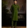 Olive Green One Side Gold Metallic Embroidered Kurta Paired With Olive Green Pants