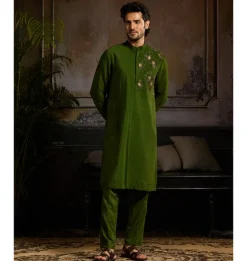 Olive Green One Side Gold Metallic Embroidered Kurta Paired With Olive Green Pants