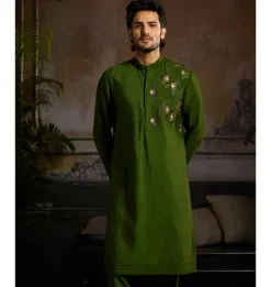 Olive Green One Side Gold Metallic Embroidered Kurta Paired With Olive Green Pants