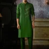 Olive Green One Side Tikki Embroidered Kurta With Olive Green Pants
