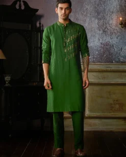 Olive Green One Side Tikki Embroidered Kurta With Olive Green Pants
