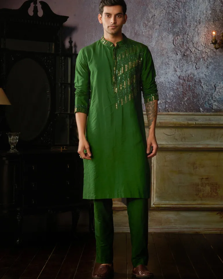 Olive Green One Side Tikki Embroidered Kurta With Olive Green Pants