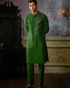 Olive Green One Side Tikki Embroidered Kurta With Olive Green Pants