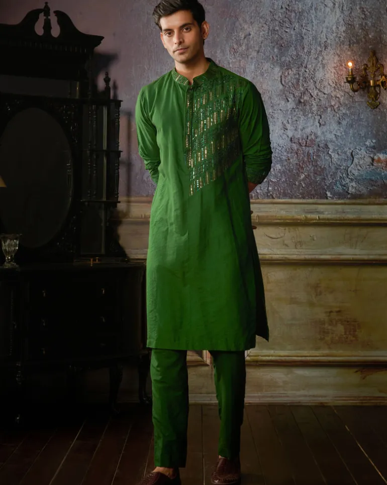 Olive Green One Side Tikki Embroidered Kurta With Olive Green Pants
