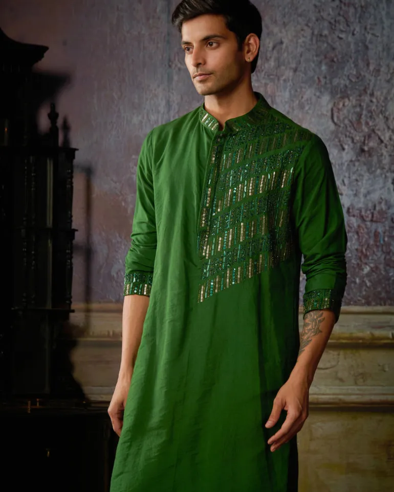 Olive Green One Side Tikki Embroidered Kurta With Olive Green Pants