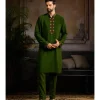 Olive Green Placket Embroidered Kurta Detailed With Zip Paired With Olive Green Pants