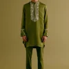 Olive Green Silk Satin Dori Embroidered Kurta Set