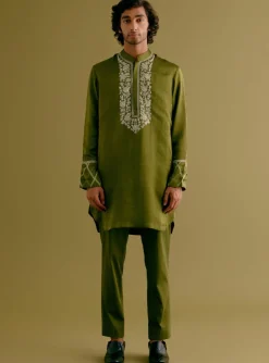 Olive Green Silk Satin Dori Embroidered Kurta Set