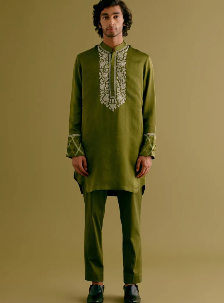Olive Green Silk Satin Dori Embroidered Kurta Set