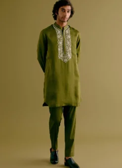Olive Green Silk Satin Dori Embroidered Kurta Set