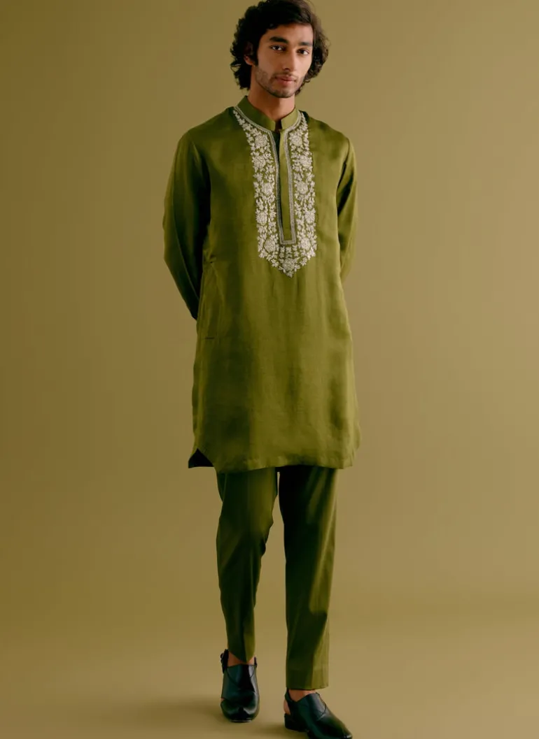 Olive Green Silk Satin Dori Embroidered Kurta Set