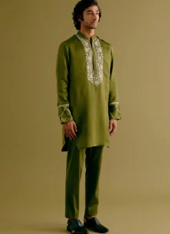 Olive Green Silk Satin Dori Embroidered Kurta Set