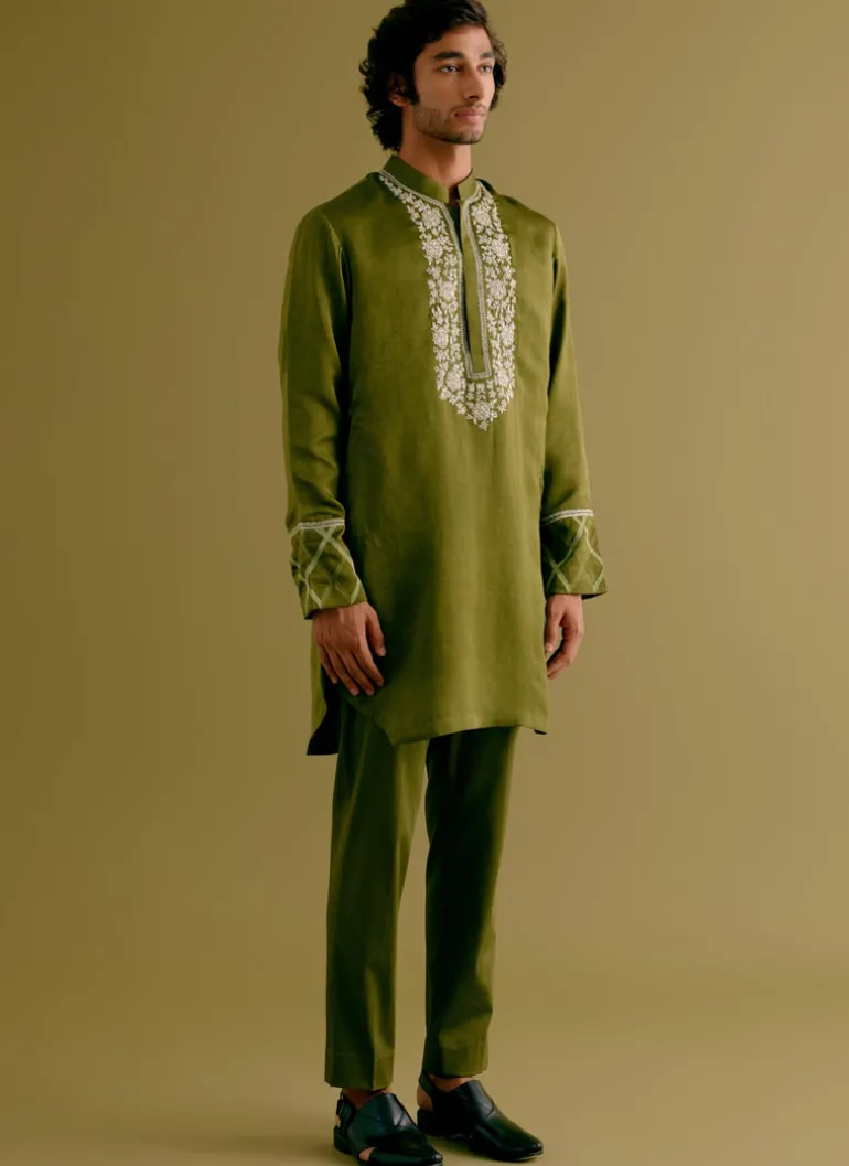 Olive Green Silk Satin Dori Embroidered Kurta Set