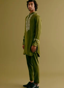 Olive Green Silk Satin Dori Embroidered Kurta Set