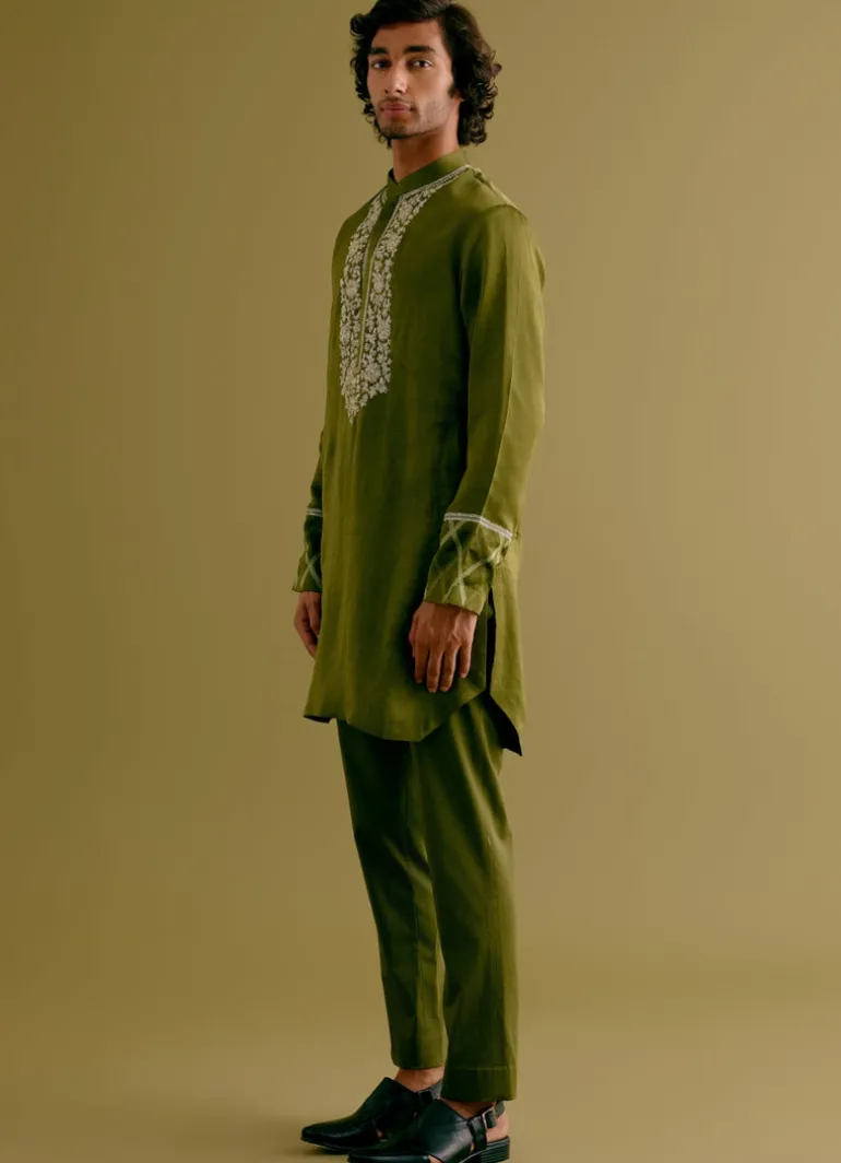 Olive Green Silk Satin Dori Embroidered Kurta Set