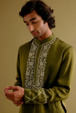 Olive Green Silk Satin Dori Embroidered Kurta Set
