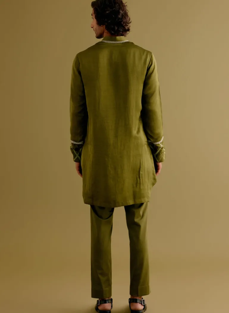 Olive Green Silk Satin Dori Embroidered Kurta Set