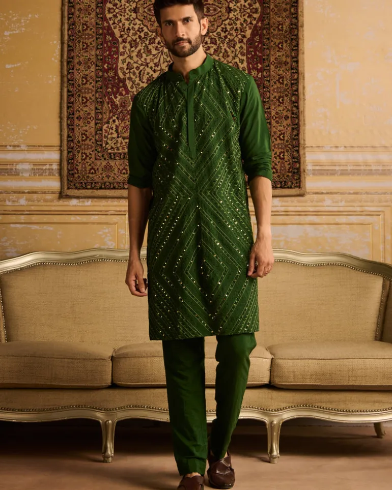 Olive Green Thread & Mirror Embroidered Kurta With Olive Green Pants