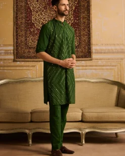 Olive Green Thread & Mirror Embroidered Kurta With Olive Green Pants
